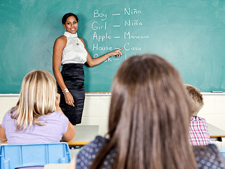 Teacher pointing at words on blackboard