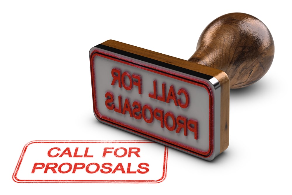 3D illustration of rubber stamp over white background with the text call for proposals