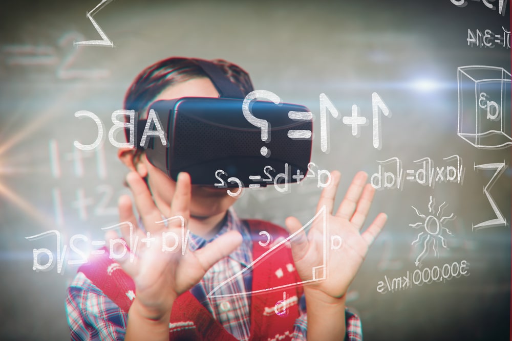 Various graphs and connectivity points  against boy using a virtual reality device