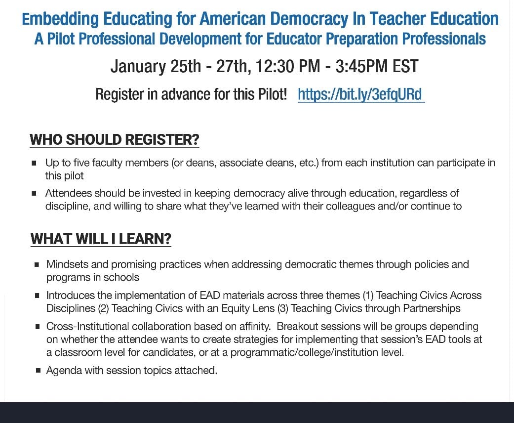 Embedding Educating for American Democracy In Teacher Education A Pilot Professional Development for Educator Preparation Professionals